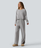 High Waisted Drawstring Wide Leg Lounge Sweatpants with Pockets — Fog Gray — view 6