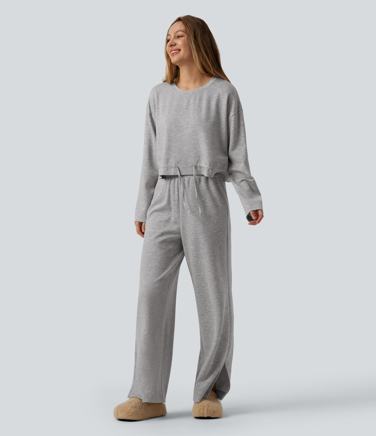 High Waisted Drawstring Wide Leg Lounge Sweatpants with Pockets — Fog Gray — view 6
