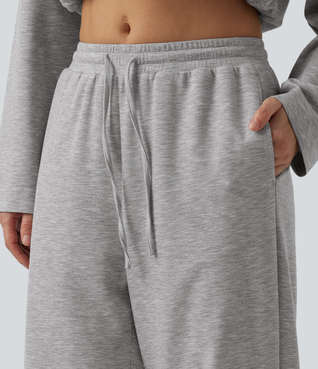 High Waisted Drawstring Wide Leg Lounge Sweatpants with Pockets — Fog Gray — view 4