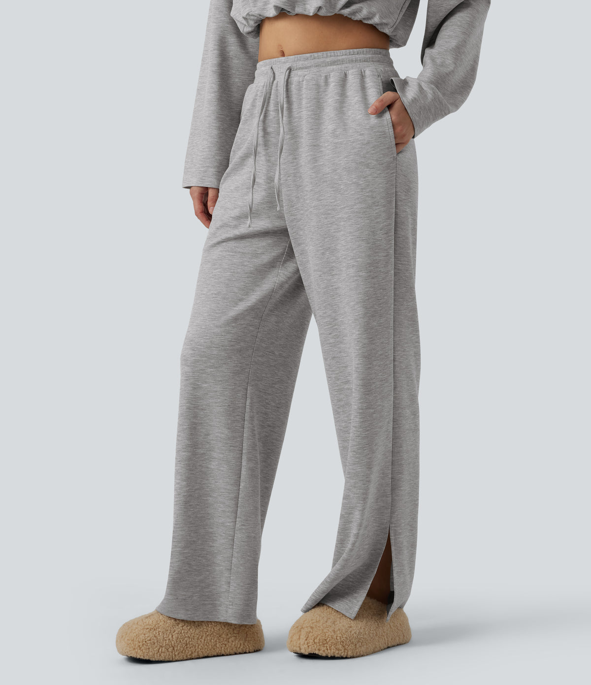 High Waisted Drawstring Wide Leg Lounge Sweatpants with Pockets — Fog Gray — view 3