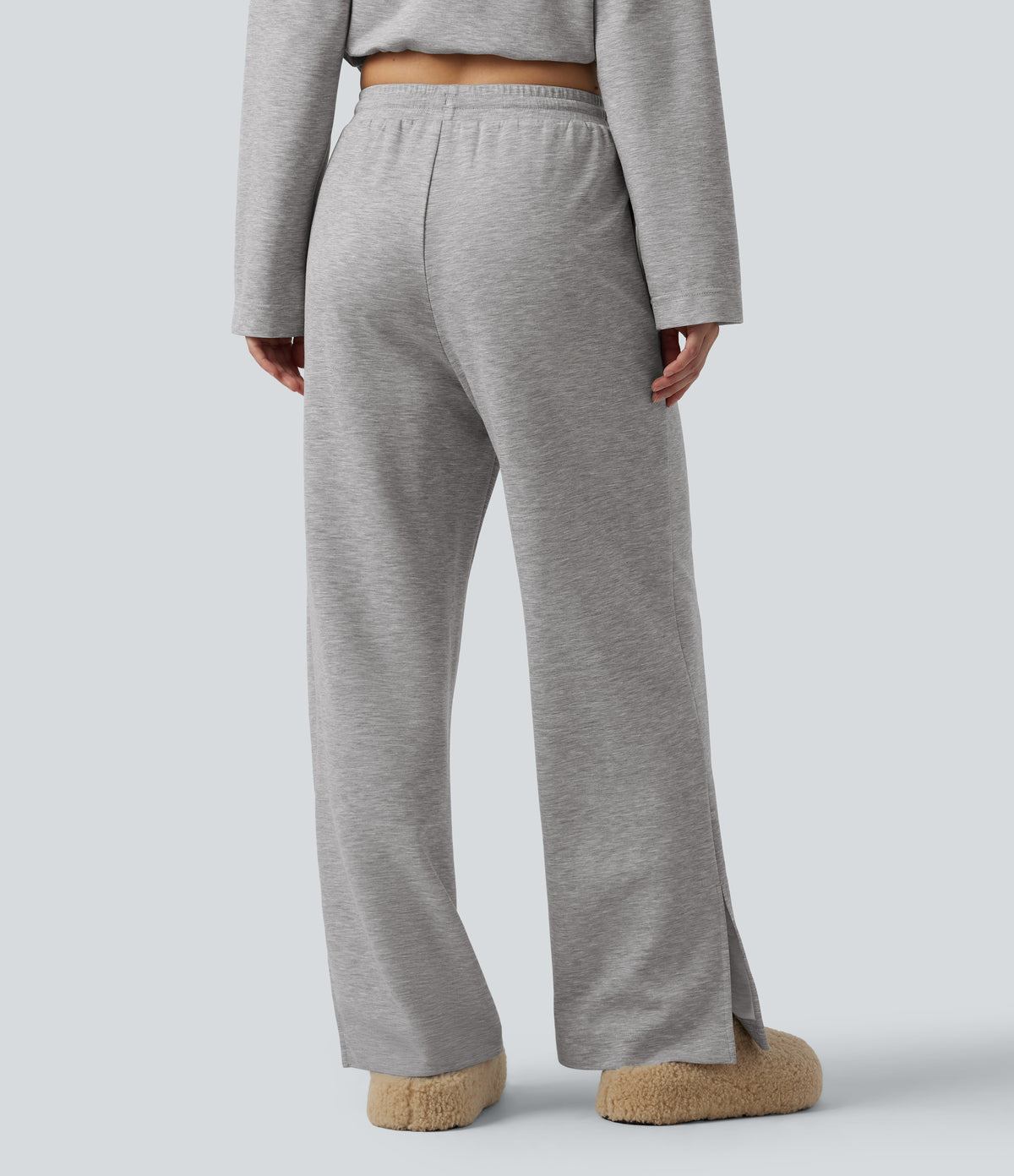 High Waisted Drawstring Wide Leg Lounge Sweatpants with Pockets — Fog Gray — view 2