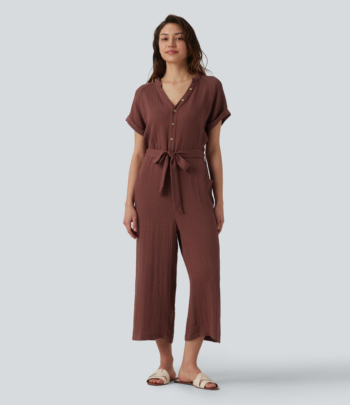 V-neck Short Sleeve Belted Cropped Casual Baggy Jumpsuit with Pockets — Coffee Brown — view 1
