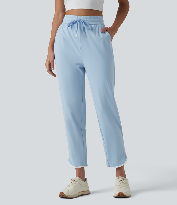 Airy High Waisted Drawstring Contrast Binding Curved Hem InstantCool Yoga Tapered Trousers with Pockets-UPF50+ — Angel Falls — view 1