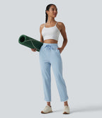 Airy High Waisted Drawstring Contrast Binding Curved Hem InstantCool Yoga Tapered Trousers with Pockets-UPF50+ — Angel Falls — view 6