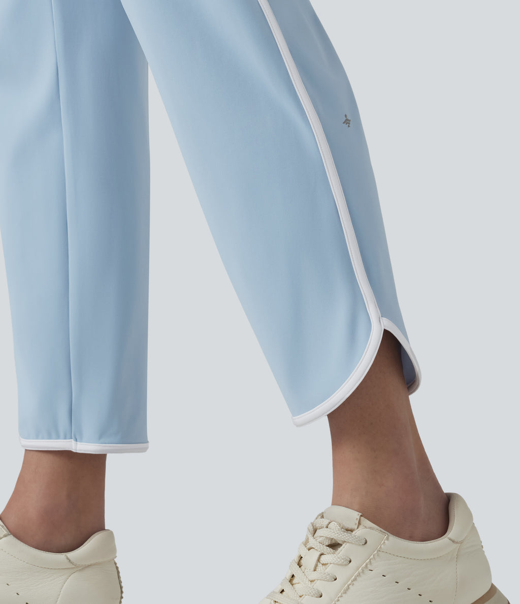 Airy High Waisted Drawstring Contrast Binding Curved Hem InstantCool Yoga Tapered Trousers with Pockets-UPF50+ — Angel Falls — view 5