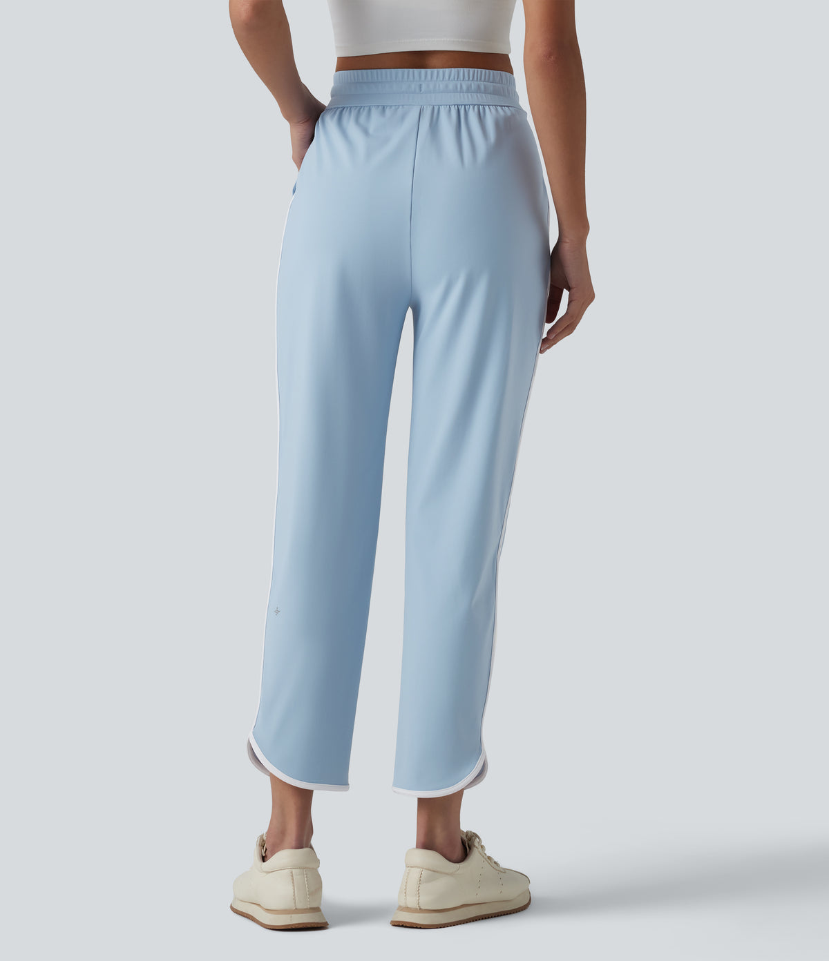 Airy High Waisted Drawstring Contrast Binding Curved Hem InstantCool Yoga Tapered Trousers with Pockets-UPF50+ — Angel Falls — view 2