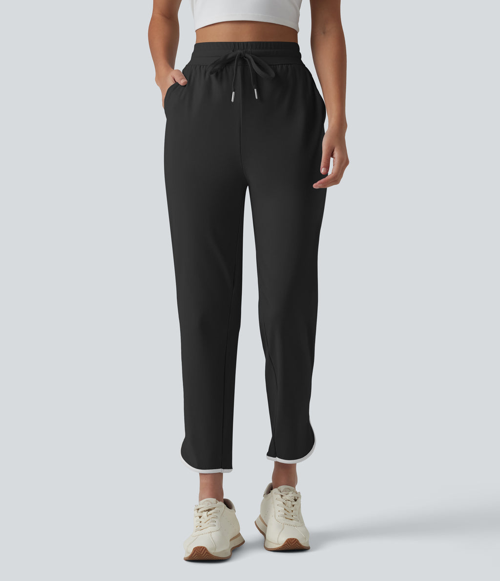 Airy High Waisted Drawstring Contrast Binding Curved Hem InstantCool Yoga Tapered Trousers with Pockets-UPF50+ — Black — view 7