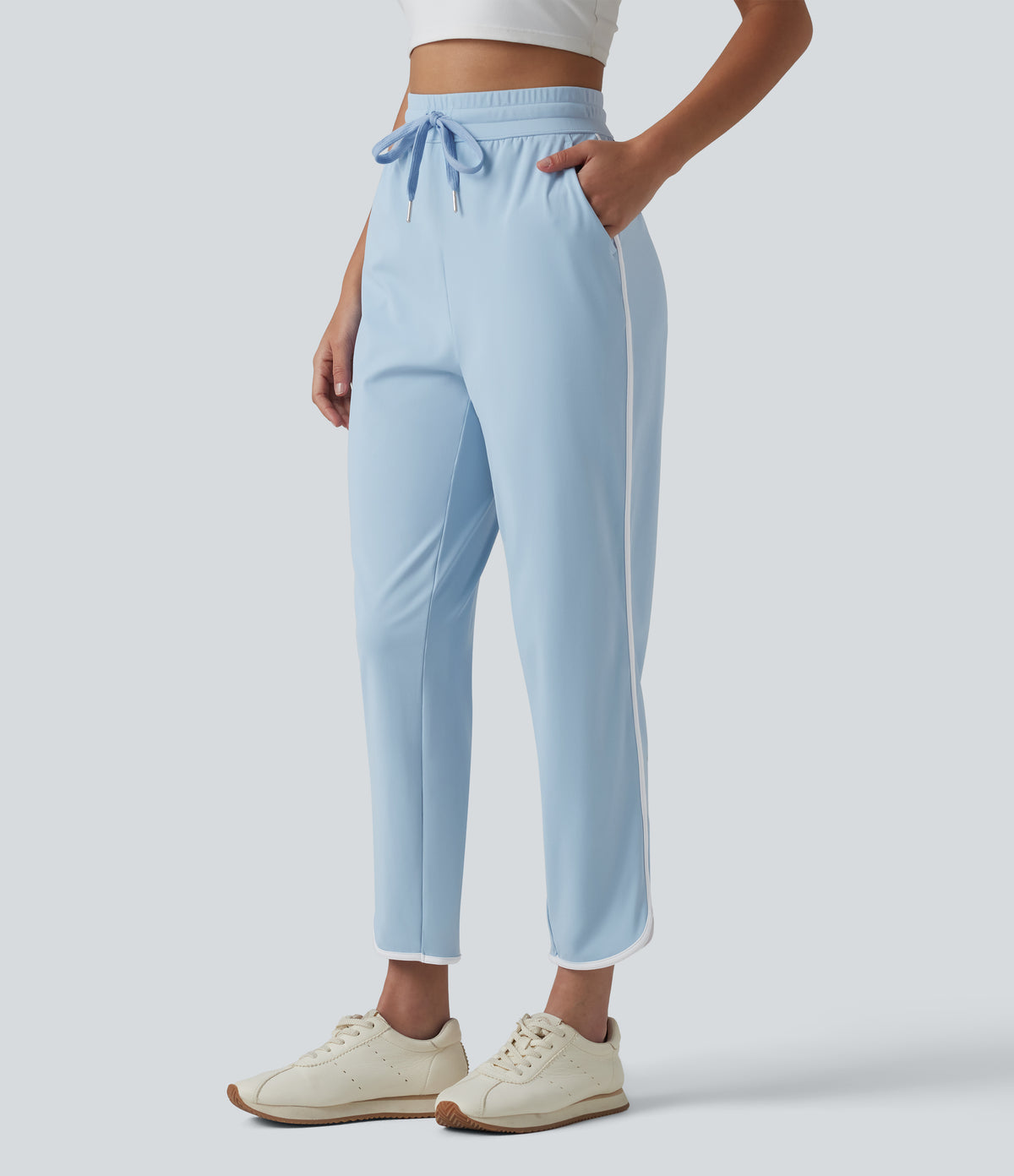 Airy High Waisted Drawstring Contrast Binding Curved Hem InstantCool Yoga Tapered Trousers with Pockets-UPF50+ — Angel Falls — view 3