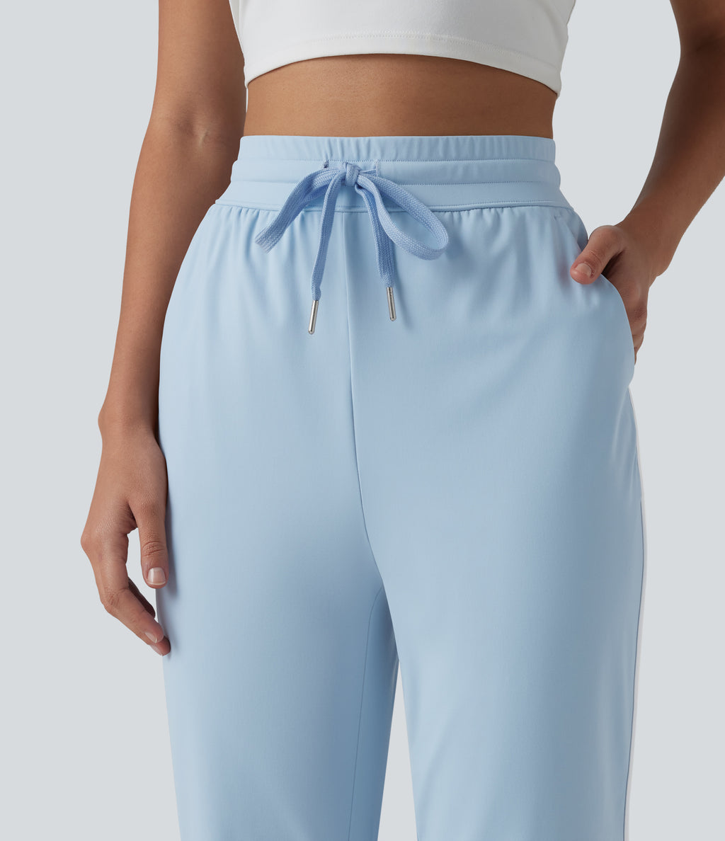 Airy High Waisted Drawstring Contrast Binding Curved Hem InstantCool Yoga Tapered Trousers with Pockets-UPF50+ — Angel Falls — view 4