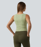 V-neck Ruched Built-in Bra Cropped Jacquard Yoga Tank Top — Foam Green — view 2