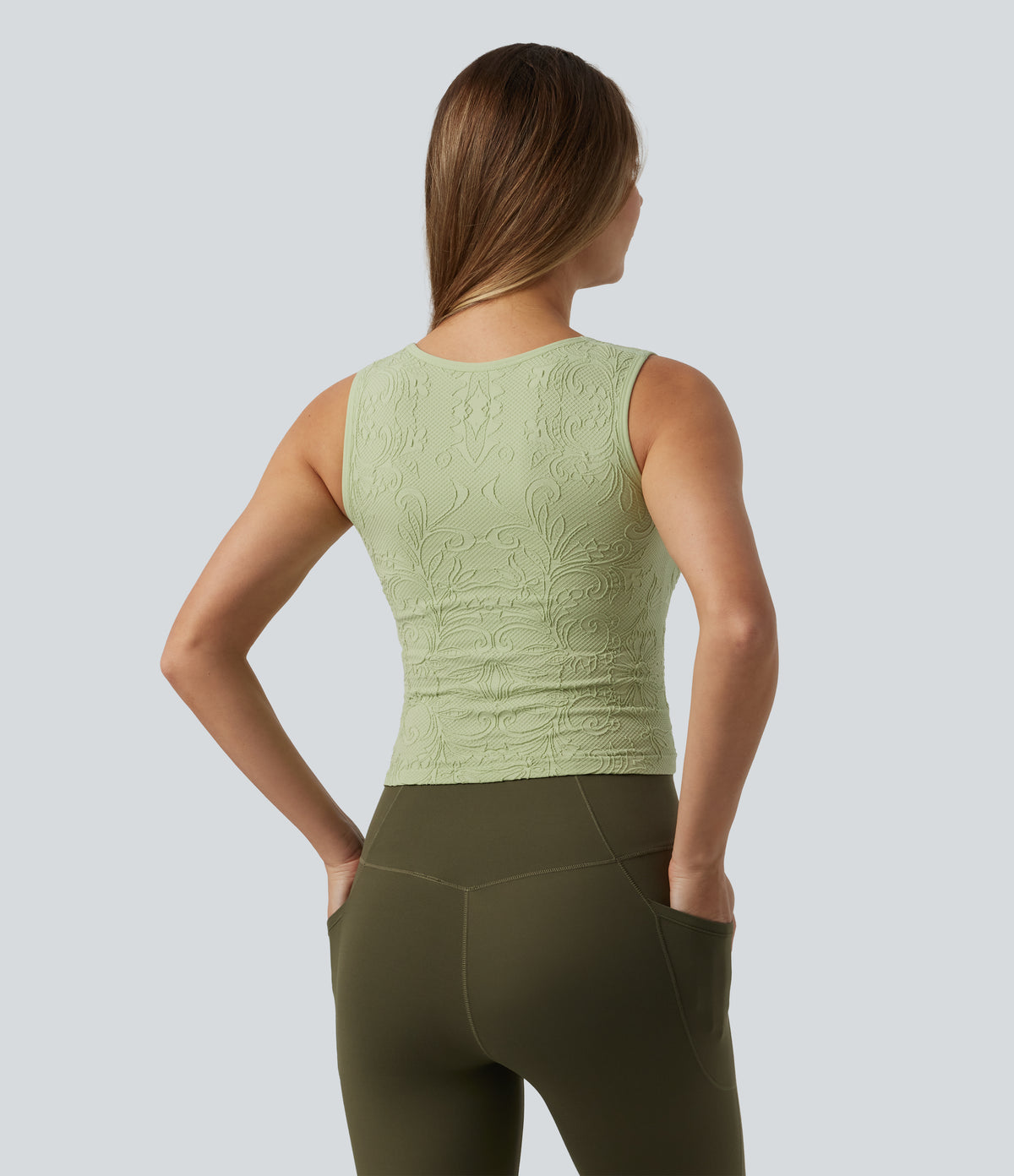 V-neck Ruched Built-in Bra Cropped Jacquard Yoga Tank Top — Foam Green — view 2
