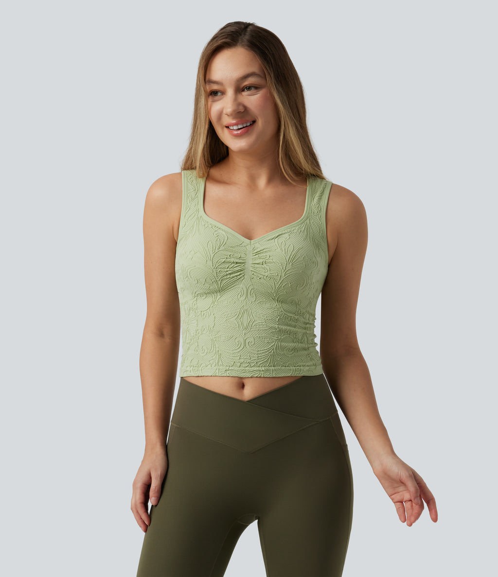 V-neck Ruched Built-in Bra Cropped Jacquard Yoga Tank Top — Foam Green — view 4