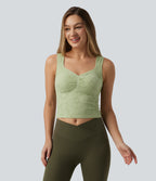 V-neck Ruched Built-in Bra Cropped Jacquard Yoga Tank Top — Foam Green — view 4