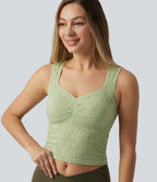 V-neck Ruched Built-in Bra Cropped Jacquard Yoga Tank Top — Foam Green — view 1