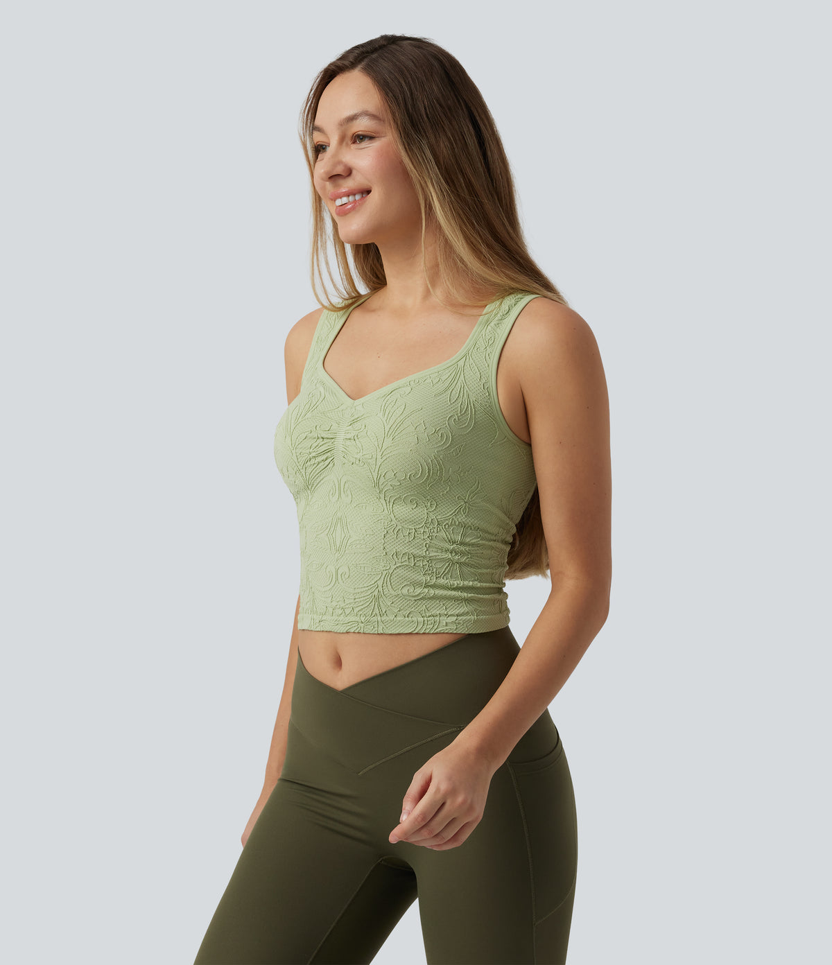 V-neck Ruched Built-in Bra Cropped Jacquard Yoga Tank Top — Foam Green — view 3