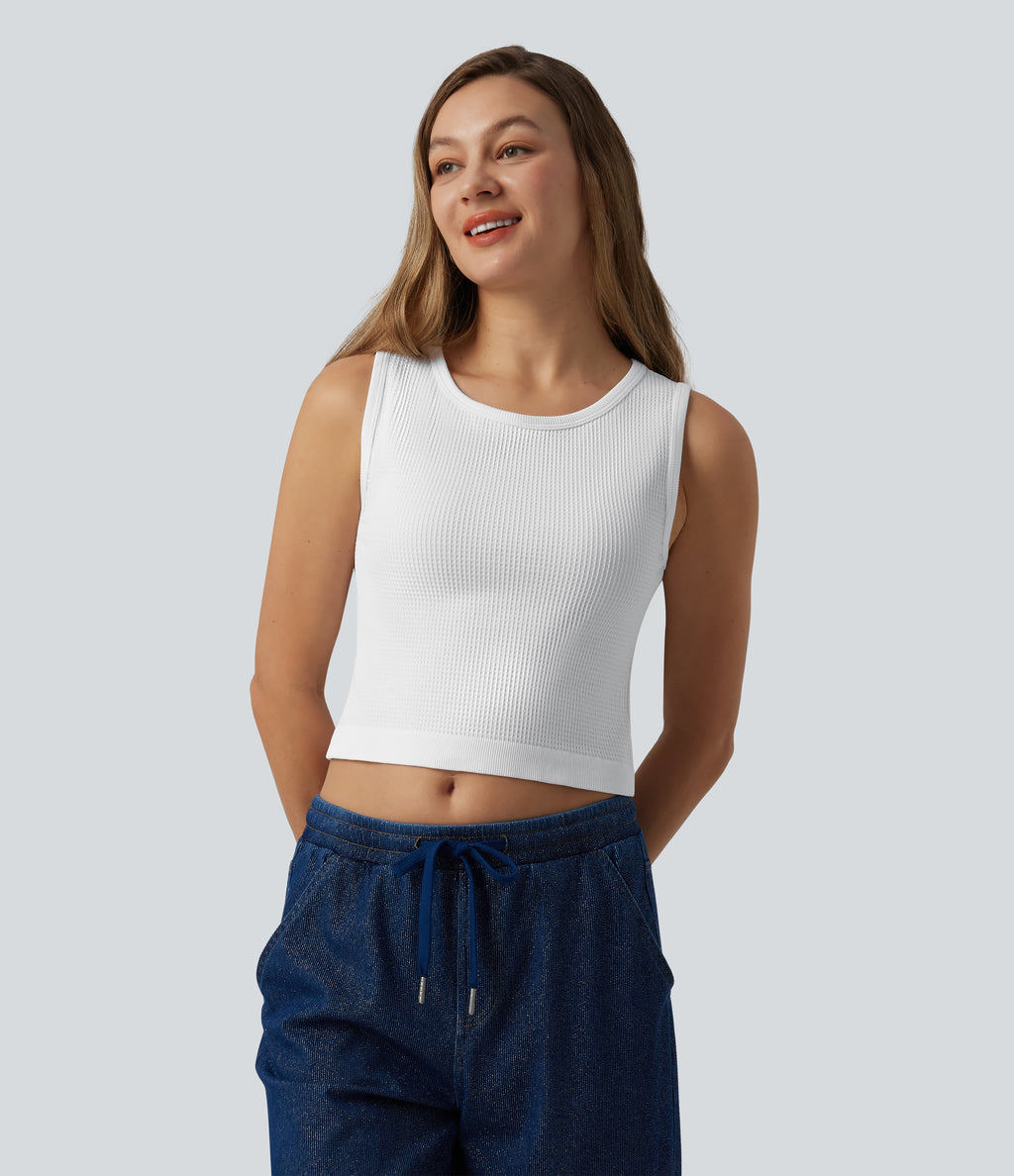 OneForm Seamless Flow Waffle Cropped Casual Tank Top — White — view 3