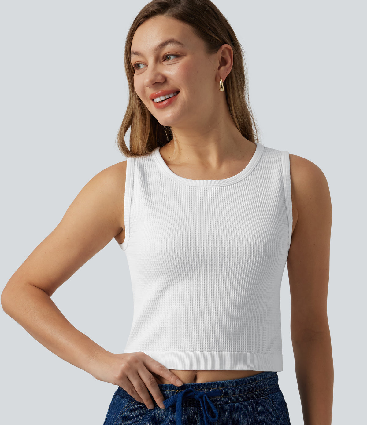OneForm Seamless Flow Waffle Cropped Casual Tank Top — White — view 5