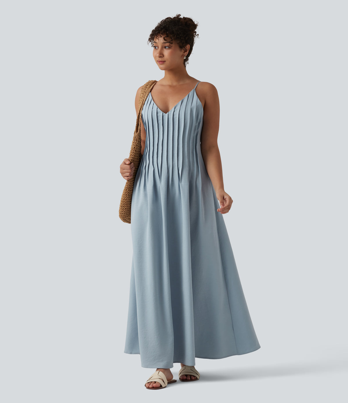 V Neck Maxi Slip Dress with Pockets — Misty Rain Grey — view 6