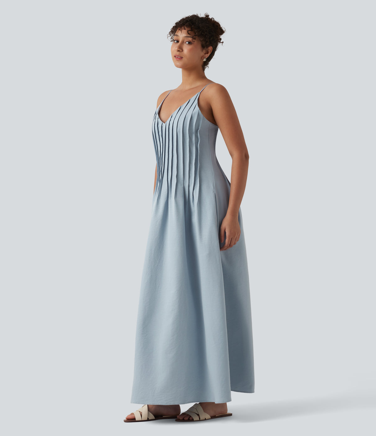 V Neck Maxi Slip Dress with Pockets — Misty Rain Grey — view 3