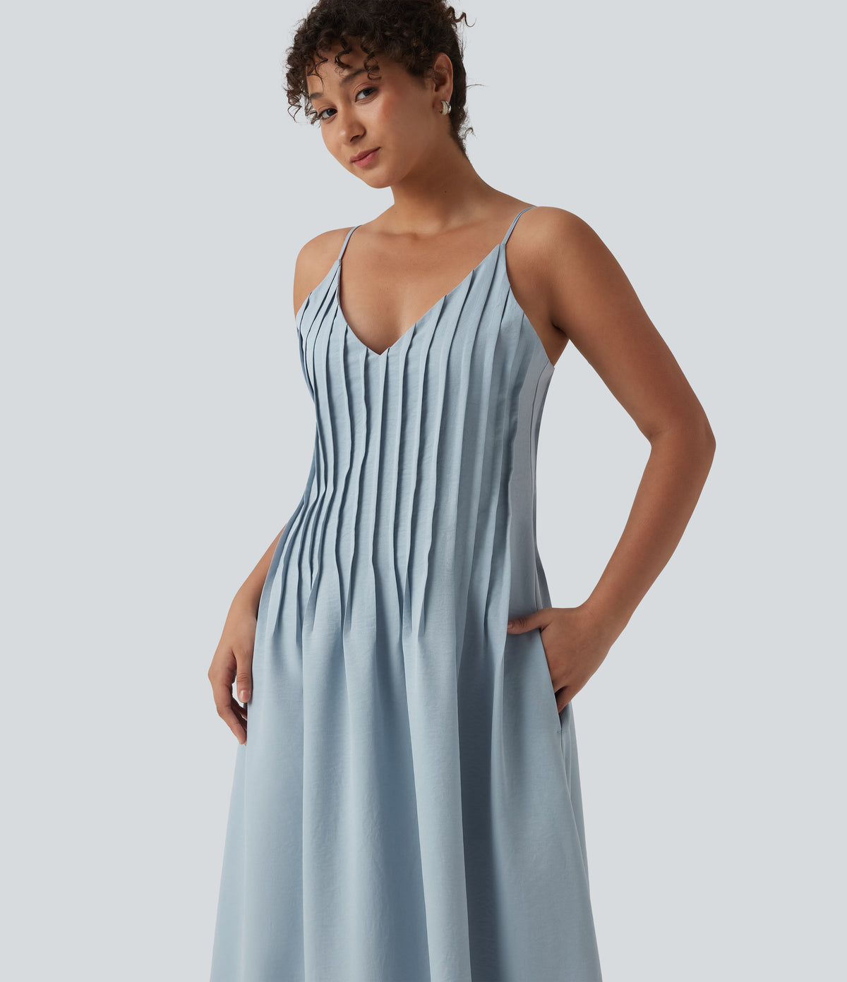 V Neck Maxi Slip Dress with Pockets — Misty Rain Grey — view 5