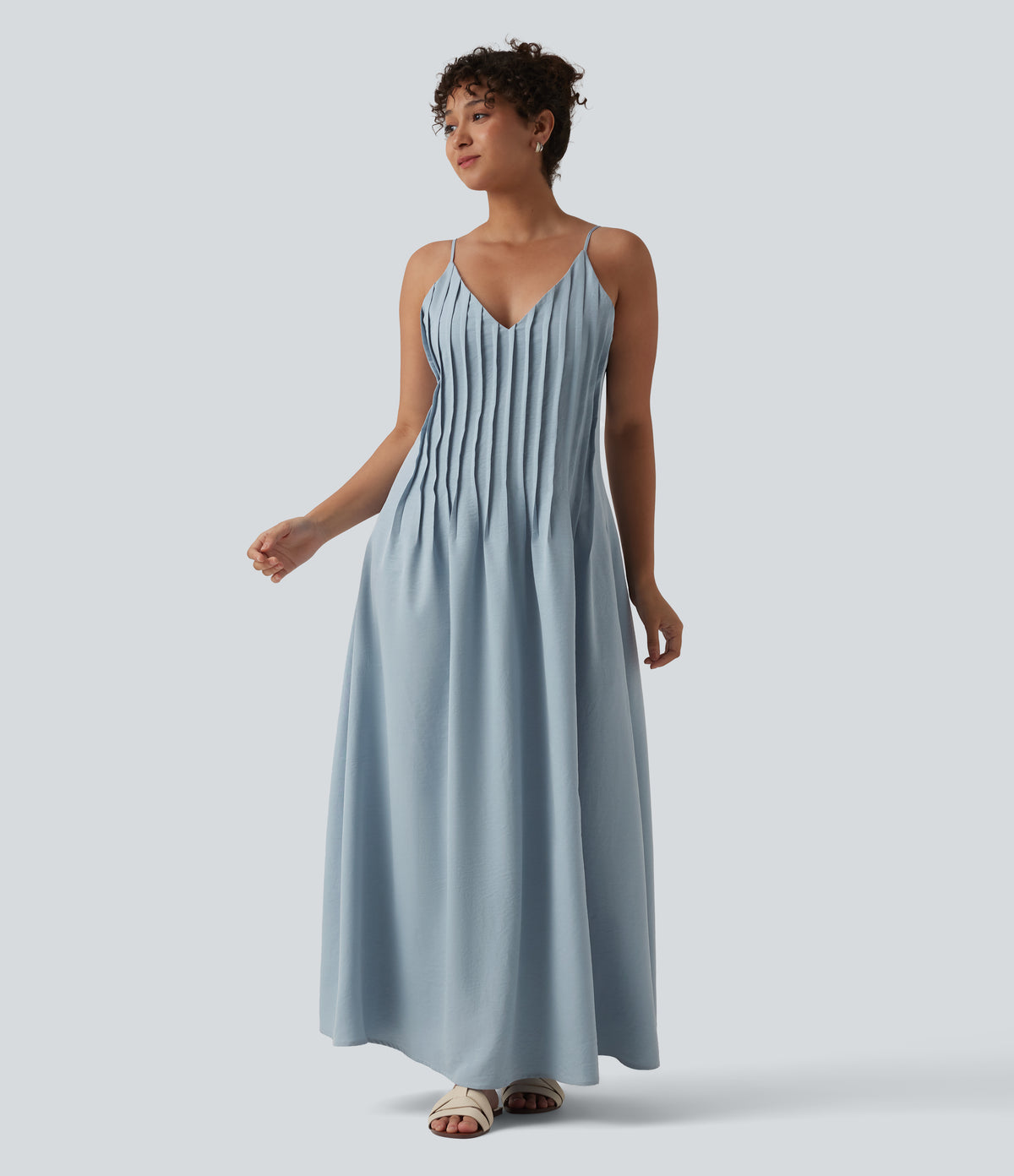V Neck Maxi Slip Dress with Pockets — Misty Rain Grey — view 1