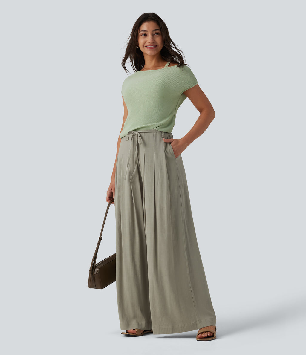 Mid Rise Belted Wide Leg Casual Linen-Feel Trousers with Pockets — Abbey Stone — view 7
