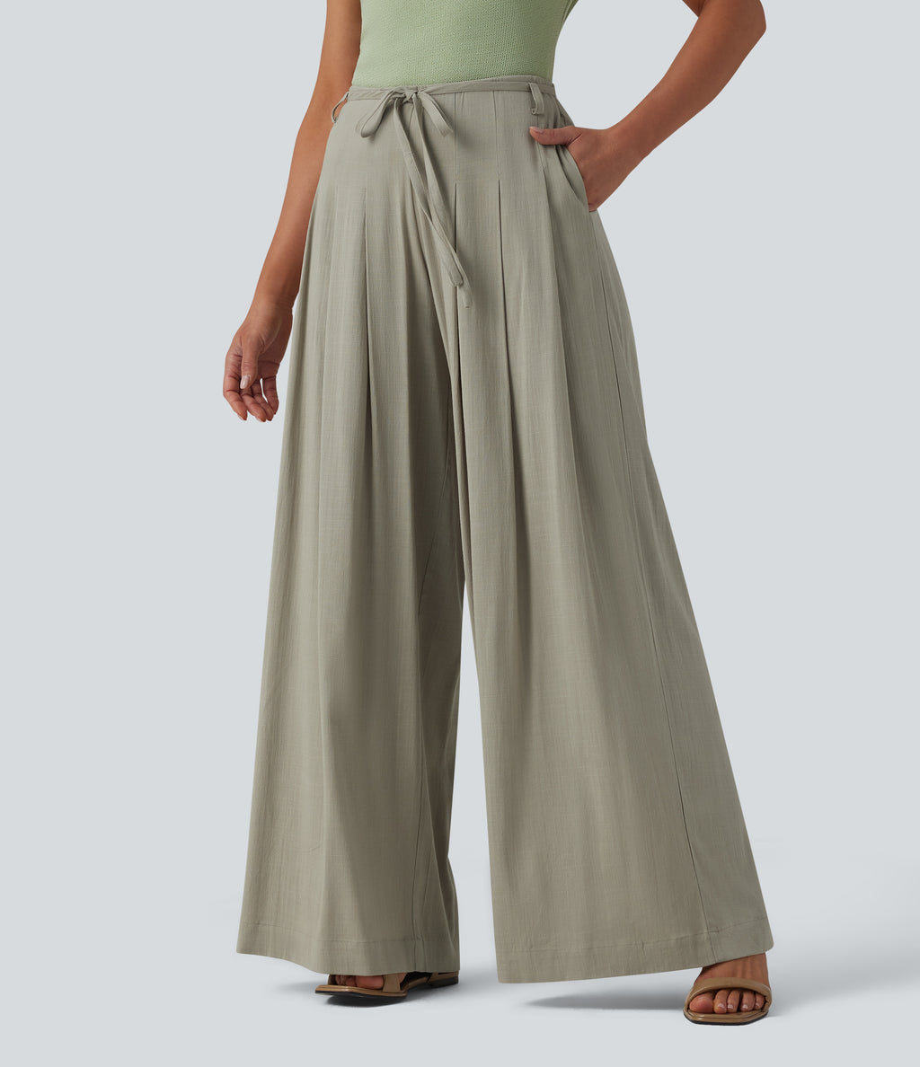 Mid Rise Belted Wide Leg Casual Linen-Feel Trousers with Pockets — Abbey Stone — view 3