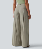 Mid Rise Belted Wide Leg Casual Linen-Feel Trousers with Pockets — Abbey Stone — view 2