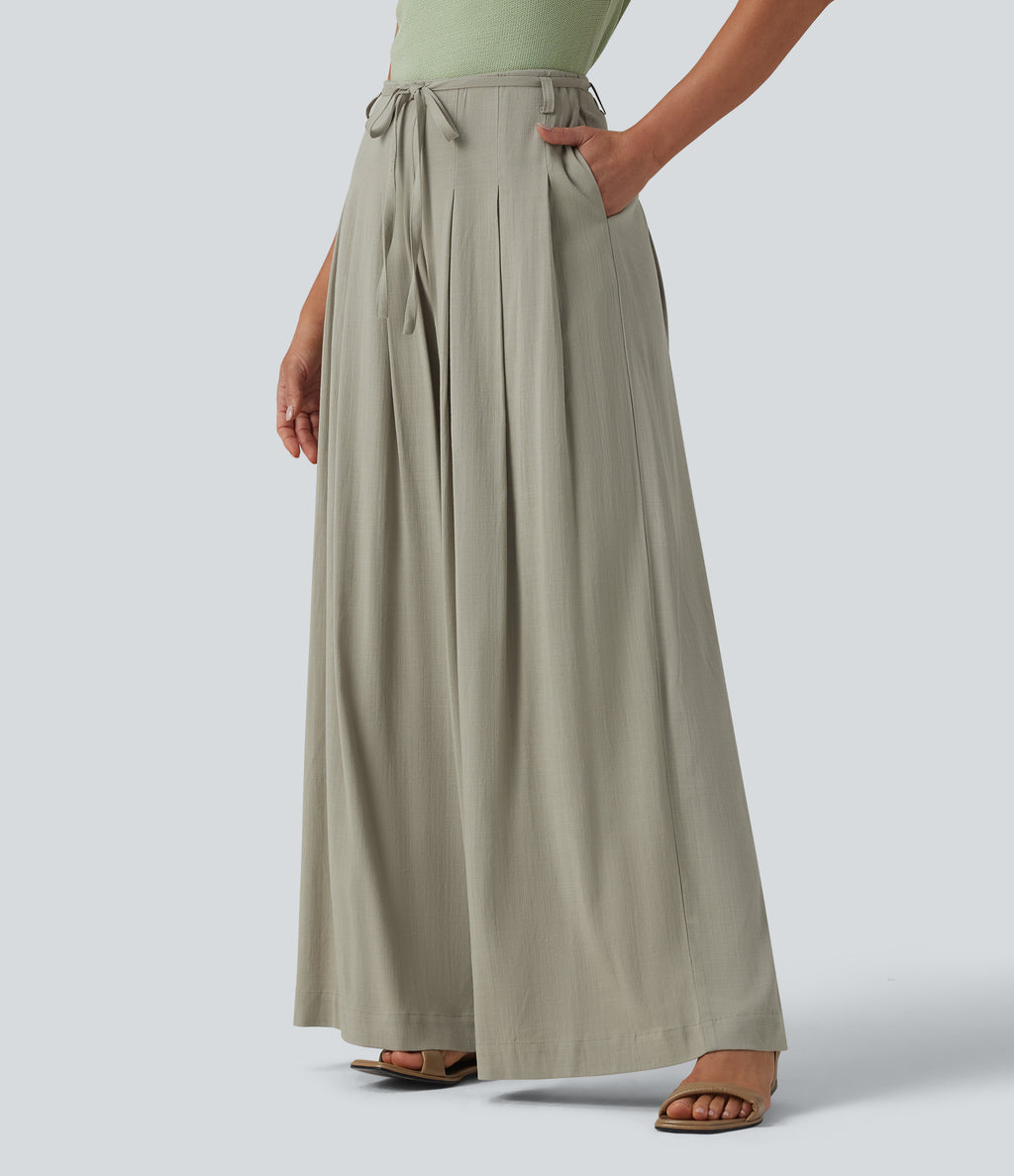 Mid Rise Belted Wide Leg Casual Linen-Feel Trousers with Pockets — Abbey Stone — view 1