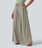 Mid Rise Belted Wide Leg Casual Linen-Feel Trousers with Pockets — Abbey Stone — view 1