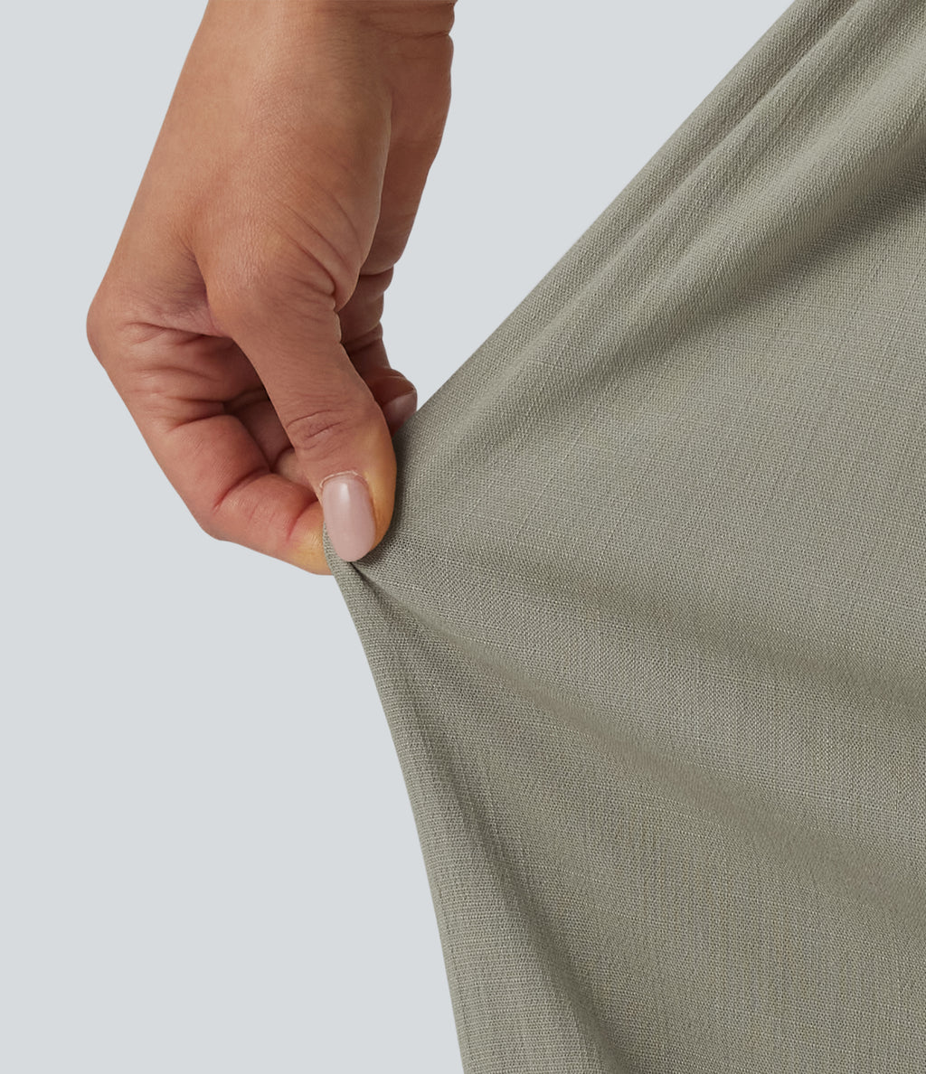 Mid Rise Belted Wide Leg Casual Linen-Feel Trousers with Pockets — Abbey Stone — view 6