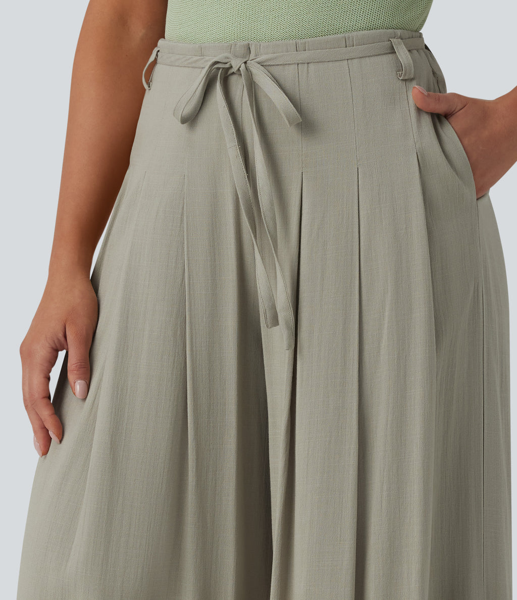 Mid Rise Belted Wide Leg Casual Linen-Feel Trousers with Pockets — Abbey Stone — view 5