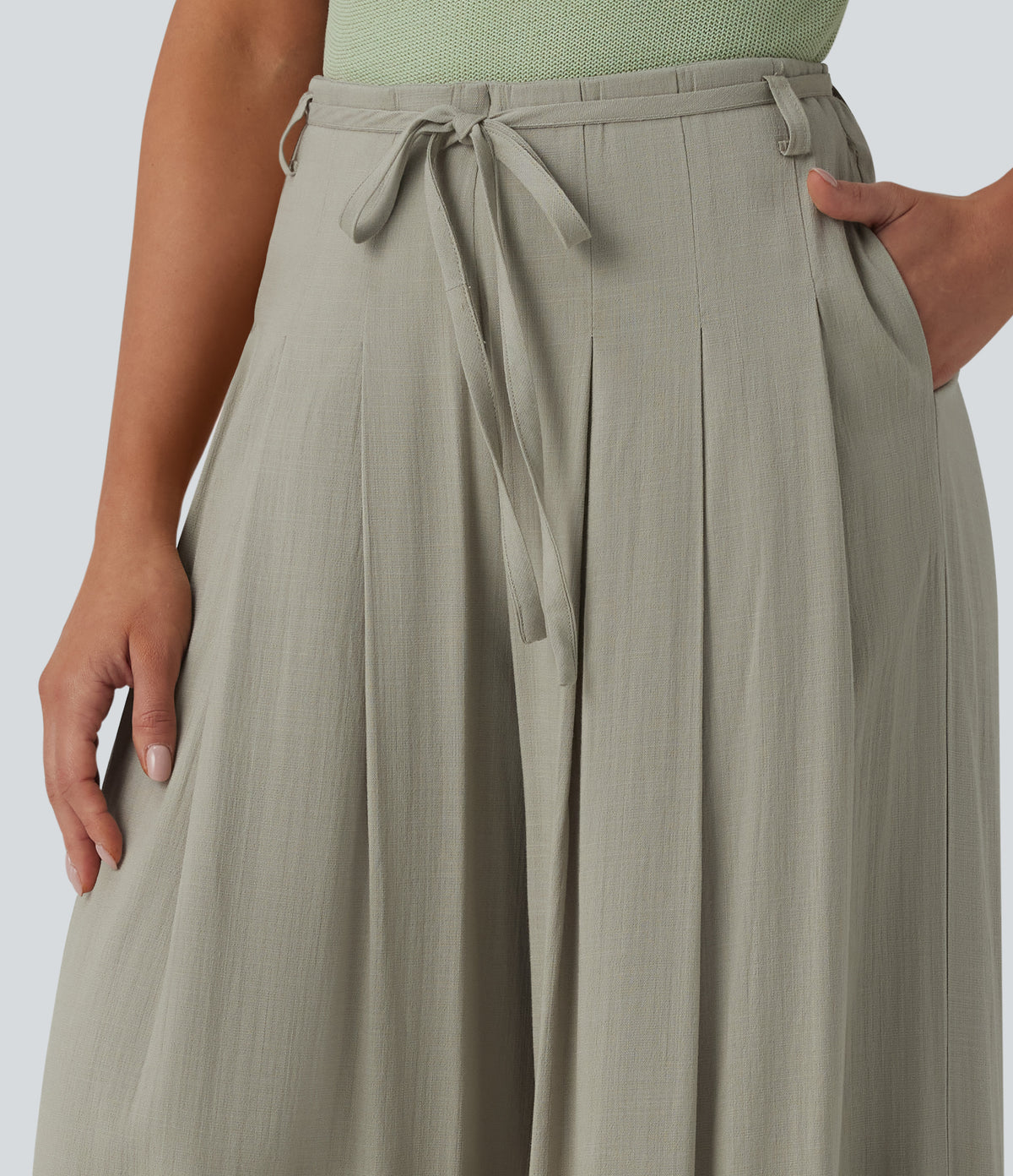Mid Rise Belted Wide Leg Casual Linen-Feel Trousers with Pockets — Abbey Stone — view 5