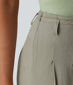 Mid Rise Belted Wide Leg Casual Linen-Feel Trousers with Pockets — Abbey Stone — view 4
