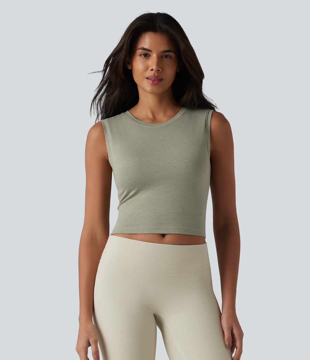 Round Neck Built-in Bra Cropped Workout Tank Top — Frosty Pine Green — view 4