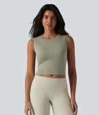 Round Neck Built-in Bra Cropped Workout Tank Top — Frosty Pine Green — view 4