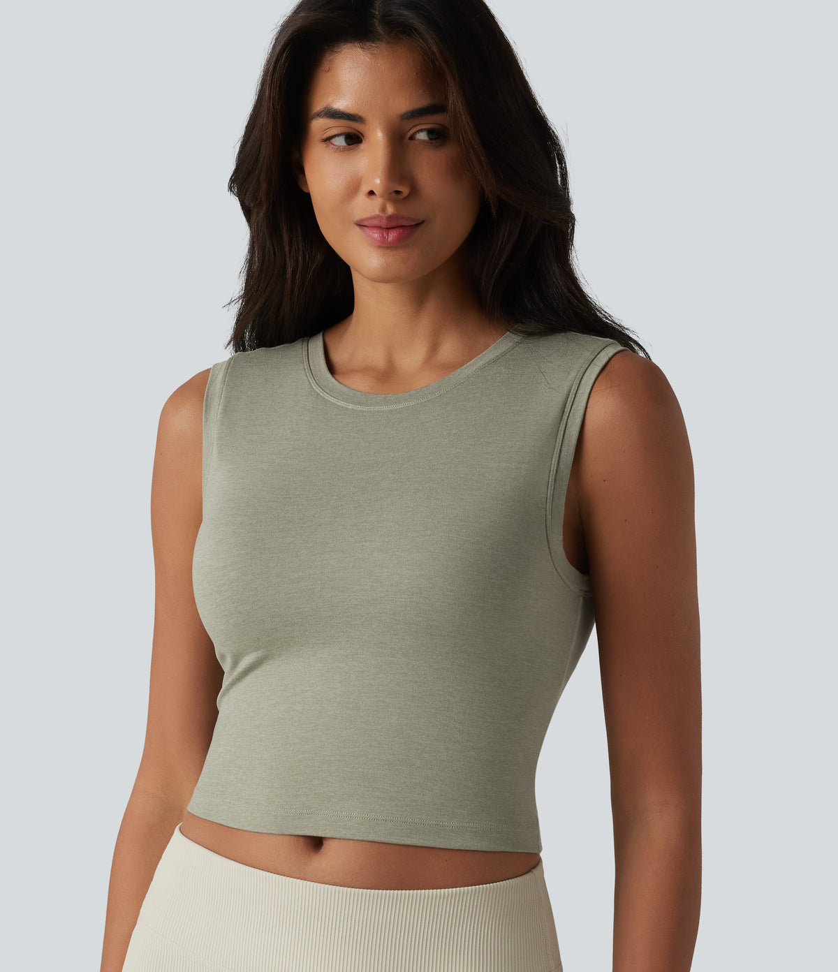 Round Neck Built-in Bra Cropped Workout Tank Top — Frosty Pine Green — view 5