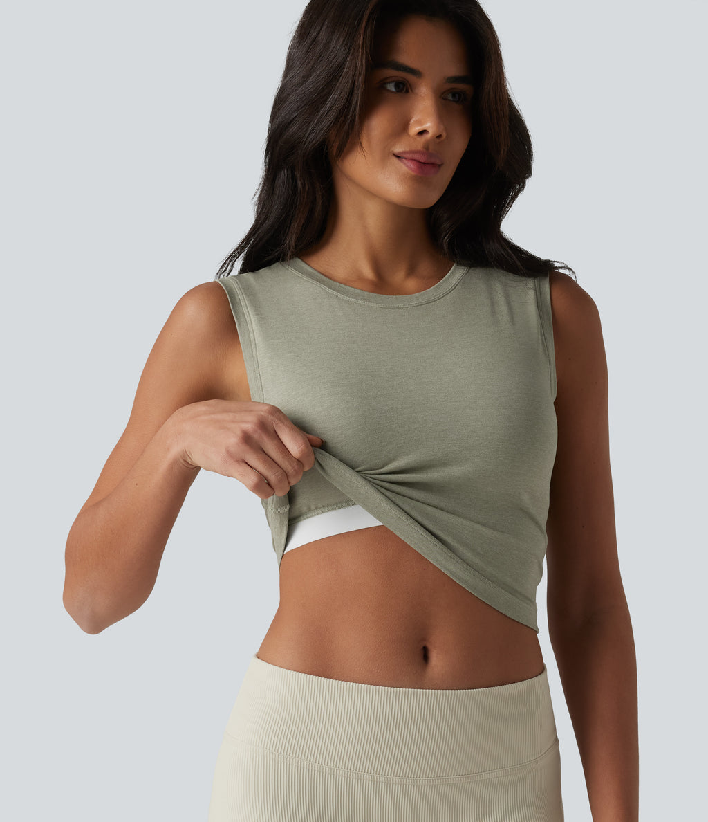 Round Neck Built-in Bra Cropped Workout Tank Top — Frosty Pine Green — view 1