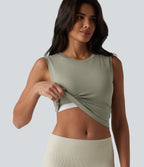 Round Neck Built-in Bra Cropped Workout Tank Top — Frosty Pine Green — view 1