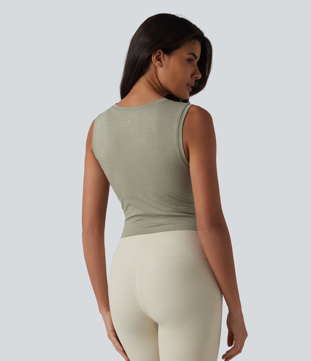 Round Neck Built-in Bra Cropped Workout Tank Top — Frosty Pine Green — view 2