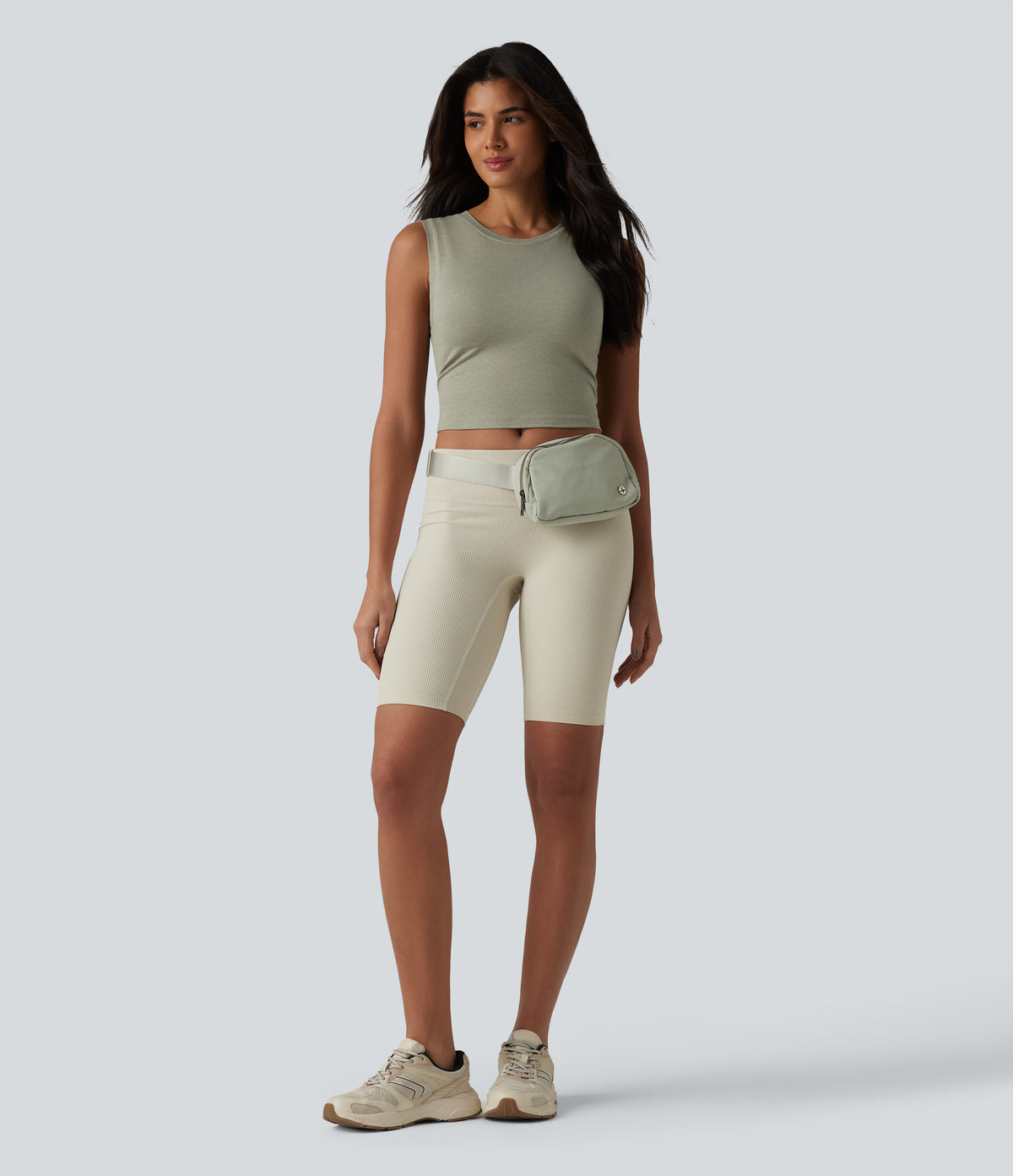 Round Neck Built-in Bra Cropped Workout Tank Top — Frosty Pine Green — view 6