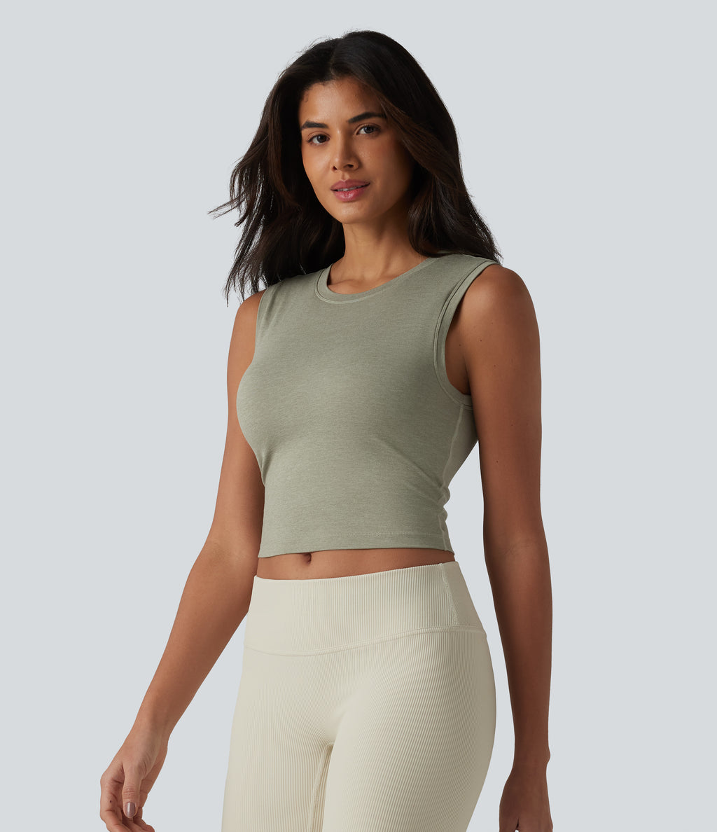 Round Neck Built-in Bra Cropped Workout Tank Top — Frosty Pine Green — view 3