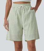 High Waisted Drawstring Gingham Plaid Resort Baggy Shorts with Pockets — Green White Bubble Grid — view 1