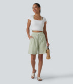 High Waisted Drawstring Gingham Plaid Resort Baggy Shorts with Pockets — Green White Bubble Grid — view 5