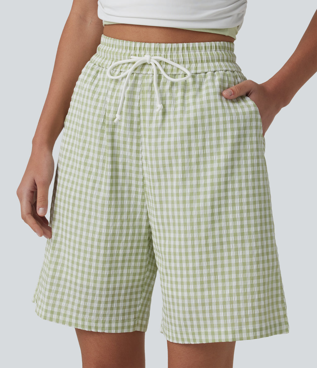 High Waisted Drawstring Gingham Plaid Resort Baggy Shorts with Pockets — Green White Bubble Grid — view 4