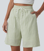 High Waisted Drawstring Gingham Plaid Resort Baggy Shorts with Pockets — Green White Bubble Grid — view 4