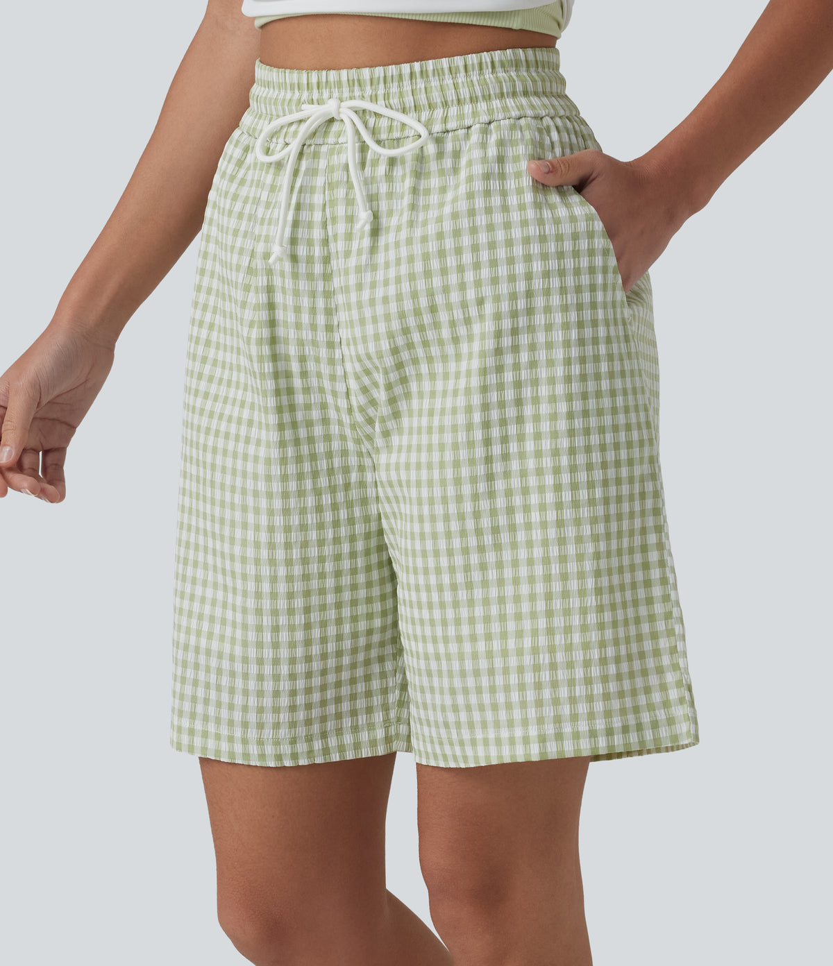 High Waisted Drawstring Gingham Plaid Resort Baggy Shorts with Pockets — Green White Bubble Grid — view 3