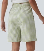 High Waisted Drawstring Gingham Plaid Resort Baggy Shorts with Pockets — Green White Bubble Grid — view 2