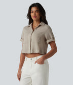 Roll Up Short Sleeve Cropped Casual Linen-Blend Shirt with Pockets — Island Fossil — view 3