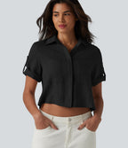 Roll Up Short Sleeve Cropped Casual Linen-Blend Shirt with Pockets — Black — view 7